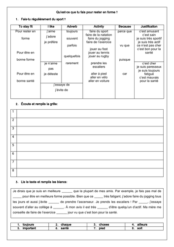 French Health & Fitness speaking & translation game:  comment rester en forme (GCSE)