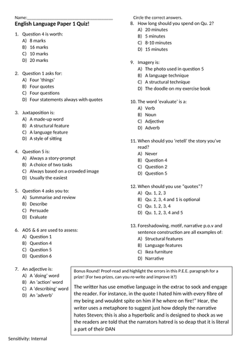 AQA GCSE English Paper 1 Quiz - SEND/Lower Band