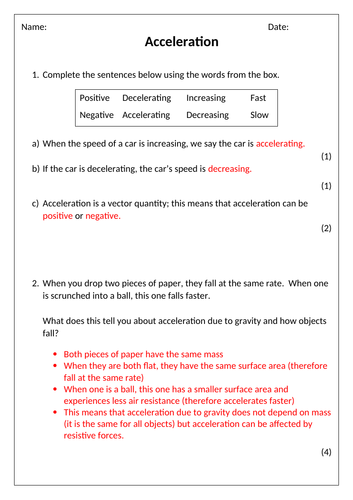 AQA Physics Acceleration Worksheet