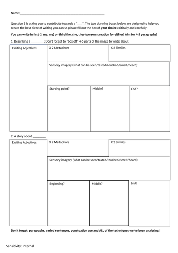AQA GCSE English Language Question 5 Planning Homework Sheet