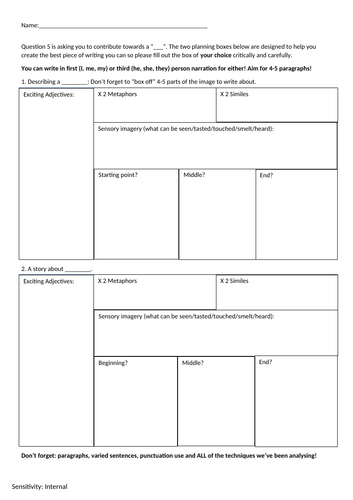 Aqa Gcse English Language Question 5 Planning Homework Sheet Teaching Resources