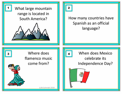 Hispanic Culture Task Cards Trivia Game: ENGLISH VERSION (Sub Activity)