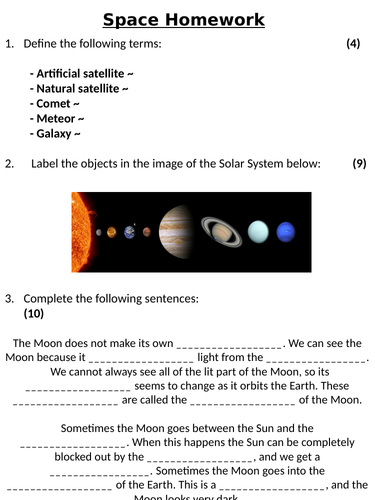 KS3 ~ Year 7 ~ Space Homework