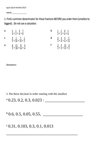 Year 4 fractions, decimals and perimeter term test