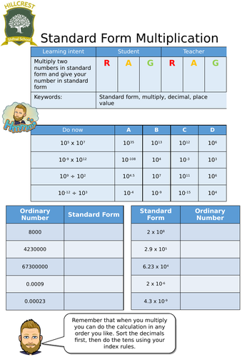 Standard form multiplication Worksheet