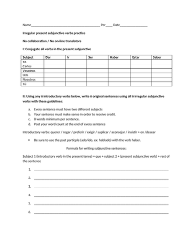 Irregular present subjunctive worksheet