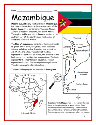 MOZAMBIQUE - Introductory Geography Worksheet