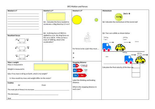 SP2 Motion and Forces - Revision mat