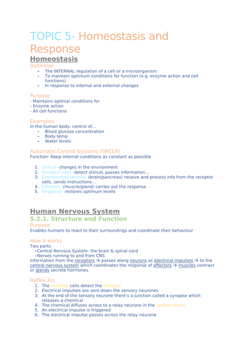 GCSE Biology- Homeostasis & Response Notes
