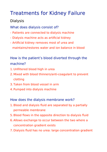 GCSE Biology- Kidney Treatment Fact Sheet