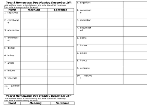 Challenging vocabulary spellings starter homework