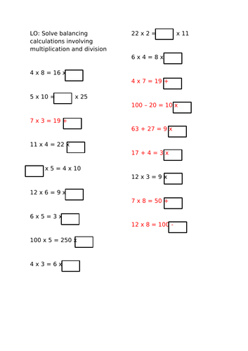 Year 3 and Year 4 Balancing calculations involving multiplication facts. Missing number problems.