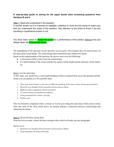 Instructions for Upper band long answer questions IGCSE Drama