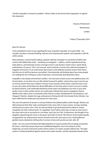 AQA GCSE English Language Paper 2 Q5 exemplar response - gender inequality letter