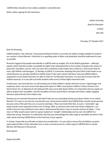AQA GCSE English Language Paper 2 Q5 exemplar response - LGBTQ fiction letter