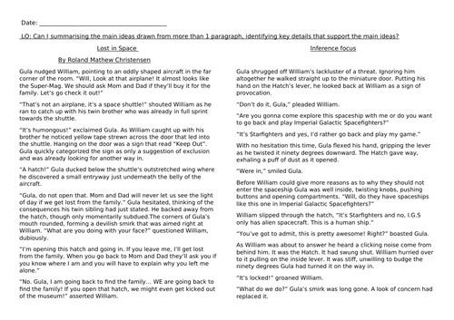 Year 5/ 6 reading comprehension Inference focus