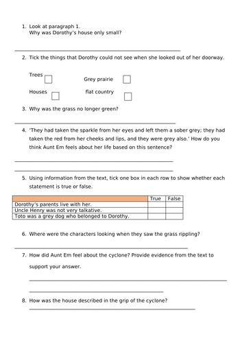 Wizard of Oz chapter 1 SATs style questions