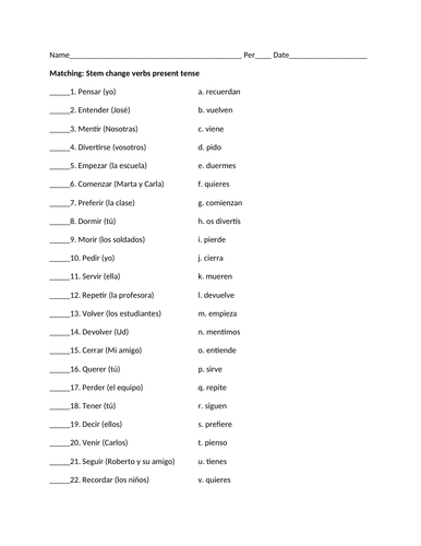 stem change verbs matching practice