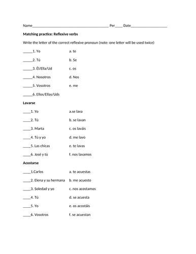 Reflexive verbs matching practice