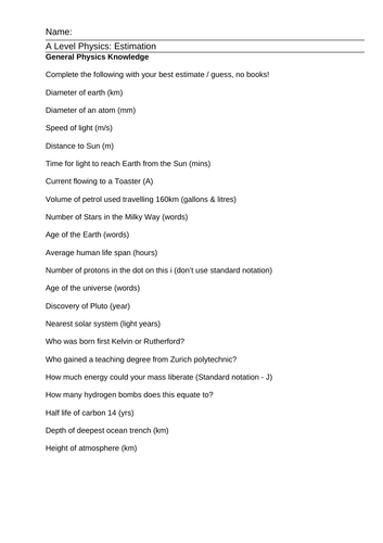 Worksheet: A Level Physics - Estimation practice