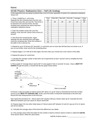 Practical: Radioactive Half Life Experiment Using Dice