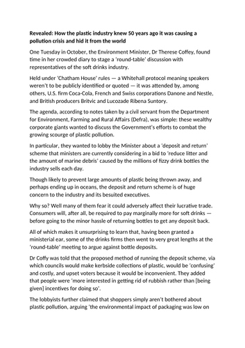 Plastic pollution summary & persuasive writing