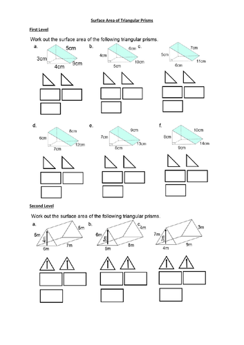 Surface Area of Triagular Prisms - GEOMETRY 3D SHAPES - with ANSWERS