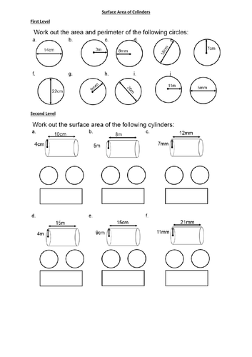 Surface Area of Cylinders - GEOMETRY 3D SHAPES - with ANSWERS