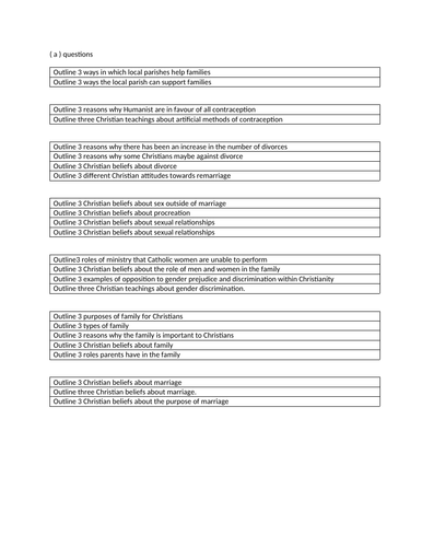 GCSE RE EDEXCEL Marriage and the Family Revision Resource A type Questions