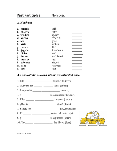 Spanish Present Perfect Tense Worksheet Past Participle Participio Pasado Teaching Resources