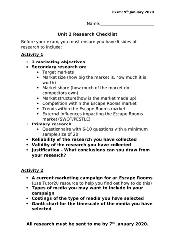 BTEC Business Unit 2 Research Checklist