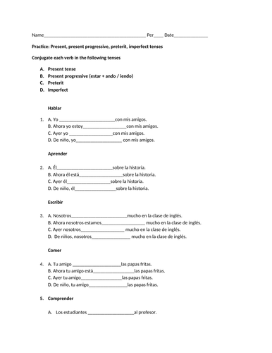 present preterit imperfect conjugation practice