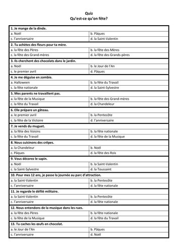 Customs and Festivals- Quiz- GCSE French