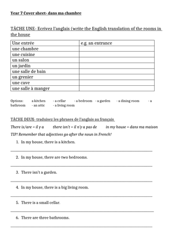 Dans ma chambre- year 7 worksheet