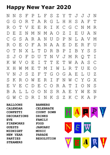 Happy New Year 2020 Word Search and Coloring Page