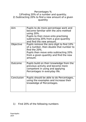 Percentages % Work Sheet Two