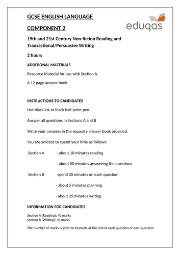 Eduqas GCSE English Language - Component 2 - Practice Examination Paper (Reading and Wri