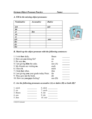 German Object Pronouns Worksheet: Accusative + Dative / Akkusativ ...
