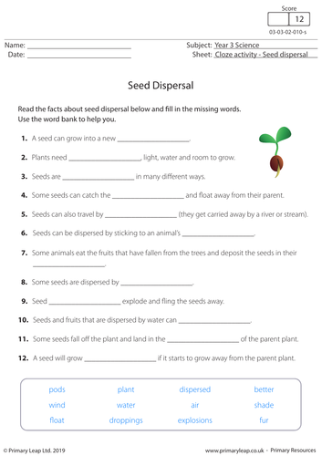 KS2 Science Resource - Seed Dispersal Cloze Activity