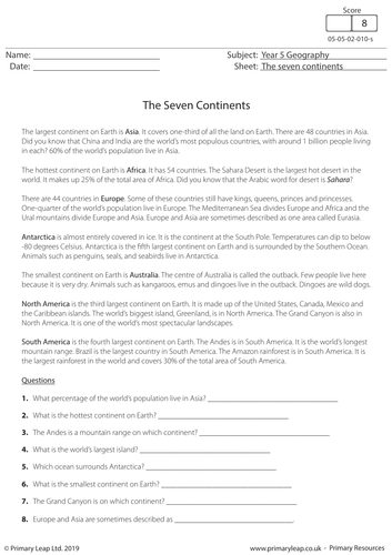 KS2 Geography Resource - The Seven Continents