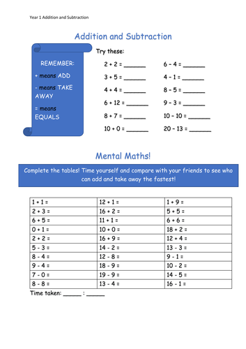 Y1 Maths - Addition/Subtraction (Free)