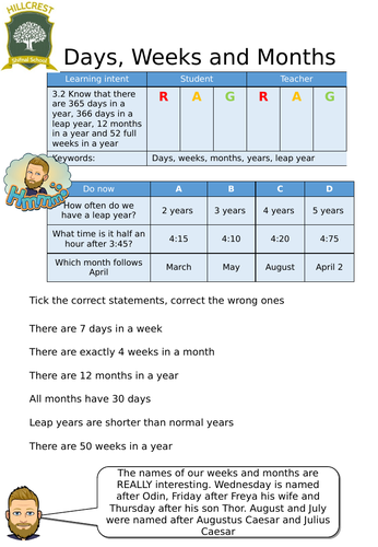 Number of days, weeks and months- Entry Level Worksheet