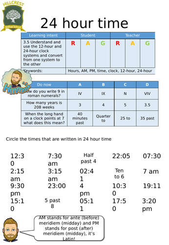 24 Hour Time- Entry Level Worksheet