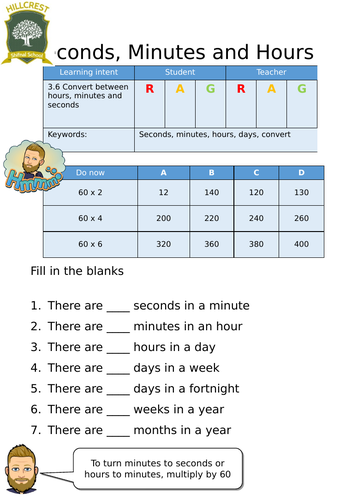 Seconds, Minutes and Hours- Entry Level Worksheet