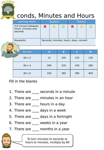 Seconds, Minutes And Hours   Worksheet | Maths Year 1