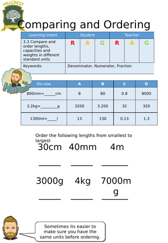comparing measures entry level worksheet teaching resources