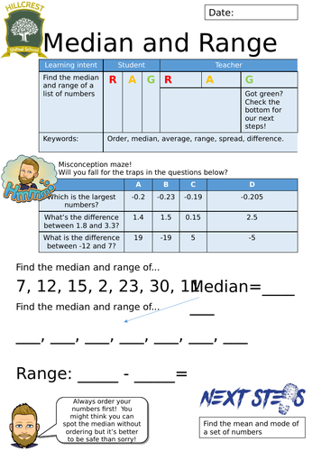 Median and Range Worksheet