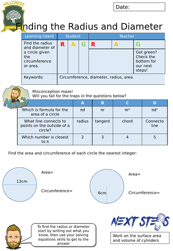 Finding Radius and Diameter Worksheet | Teaching Resources