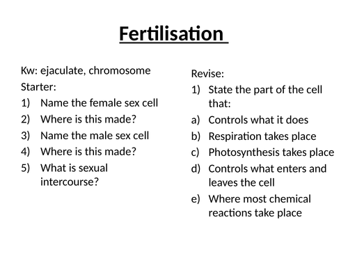 Fertilisation DIFFERENTIATED with answers KS3 Journey of Sperm writing task and chromosomes.