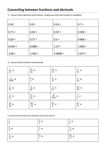 Converting between fractions and decimals high ability